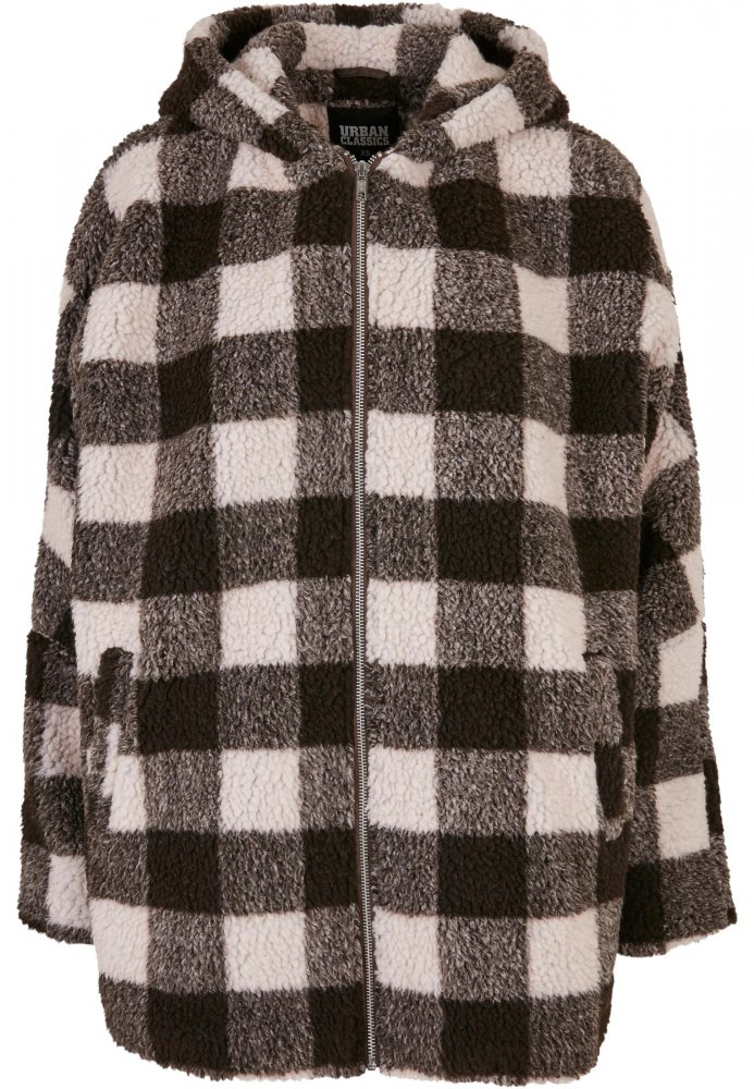 Ladies Hooded Oversized Check Sherpa Jacket - pink/brown M