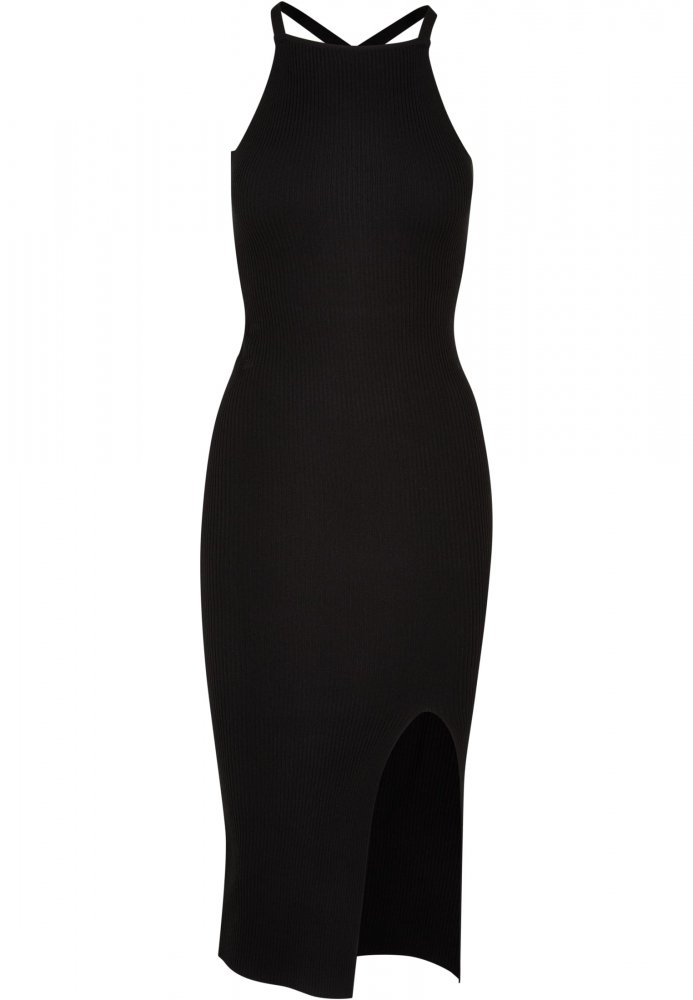 Ladies Midi Rib Knit Crossed Back Dress - black XS