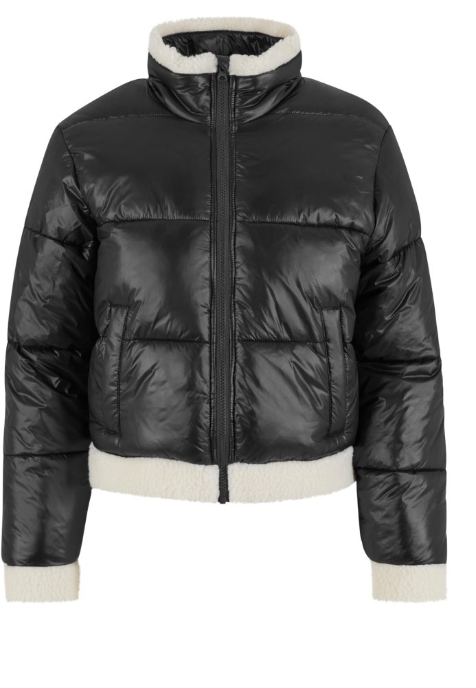 Ladies Recycled Shiny Puffer Sherpa Jacket - black/whitesand M