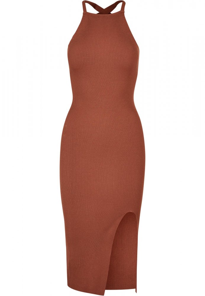 Ladies Midi Rib Knit Crossed Back Dress - terracotta XS