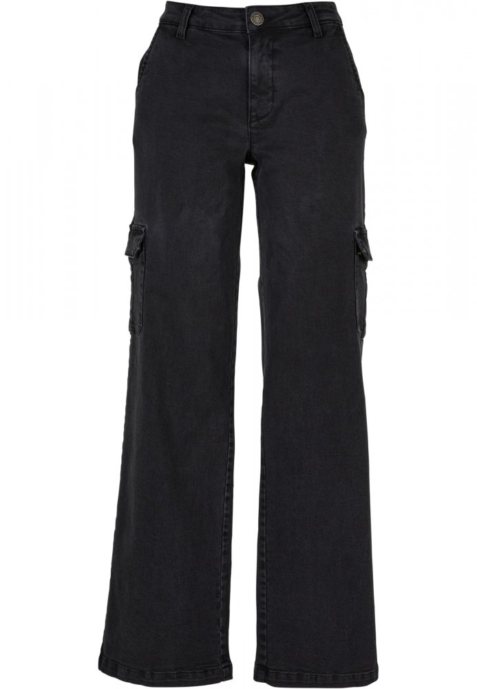 Ladies High Waist Straight Denim Cargo Pants - black washed 26
