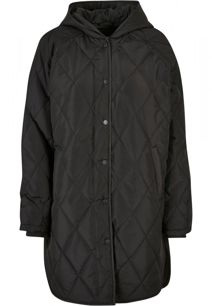 Ladies Oversized Diamond Quilted Hooded Coat - black XS