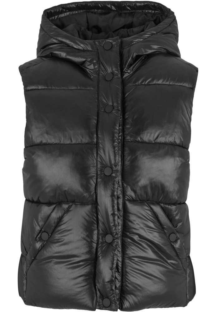 Ladies Recycled Shiny Puffer Vest with Hood - black 5XL