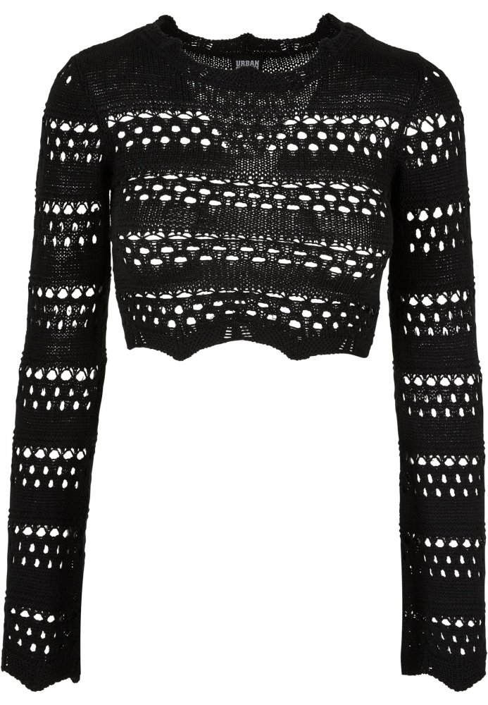 Ladies Cropped Crochet Knit Sweater - black XXL
