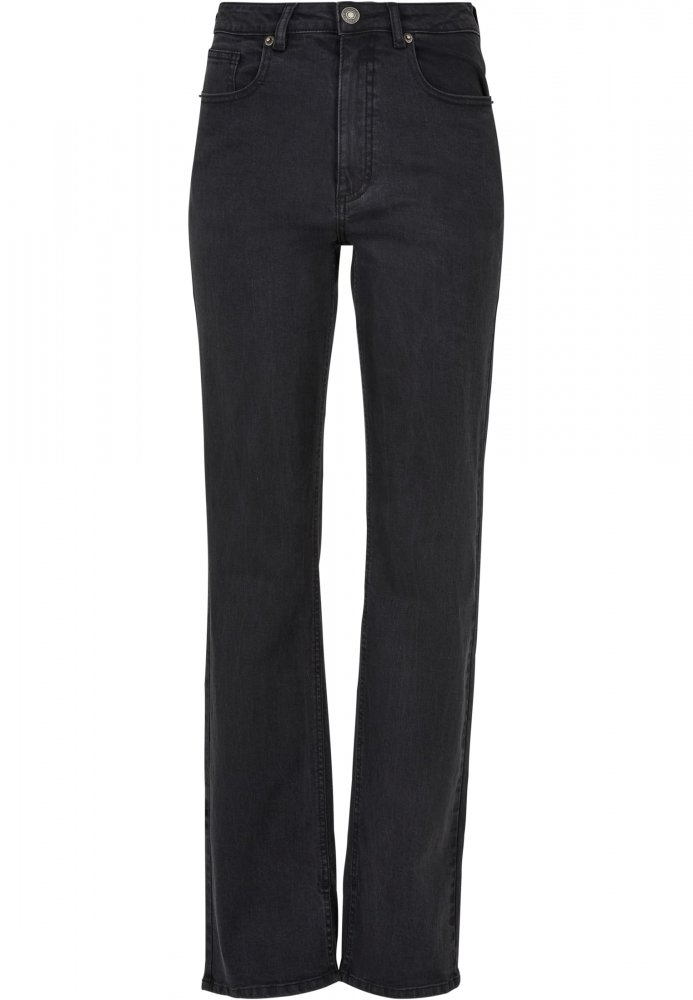Ladies Highwaist Straight Slit Denim Pants - black washed 26