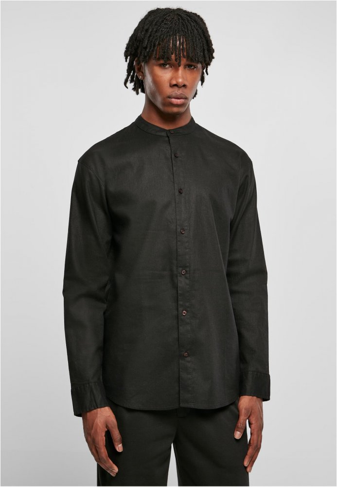 Cotton Linen Stand Up Collar Shirt - black XL