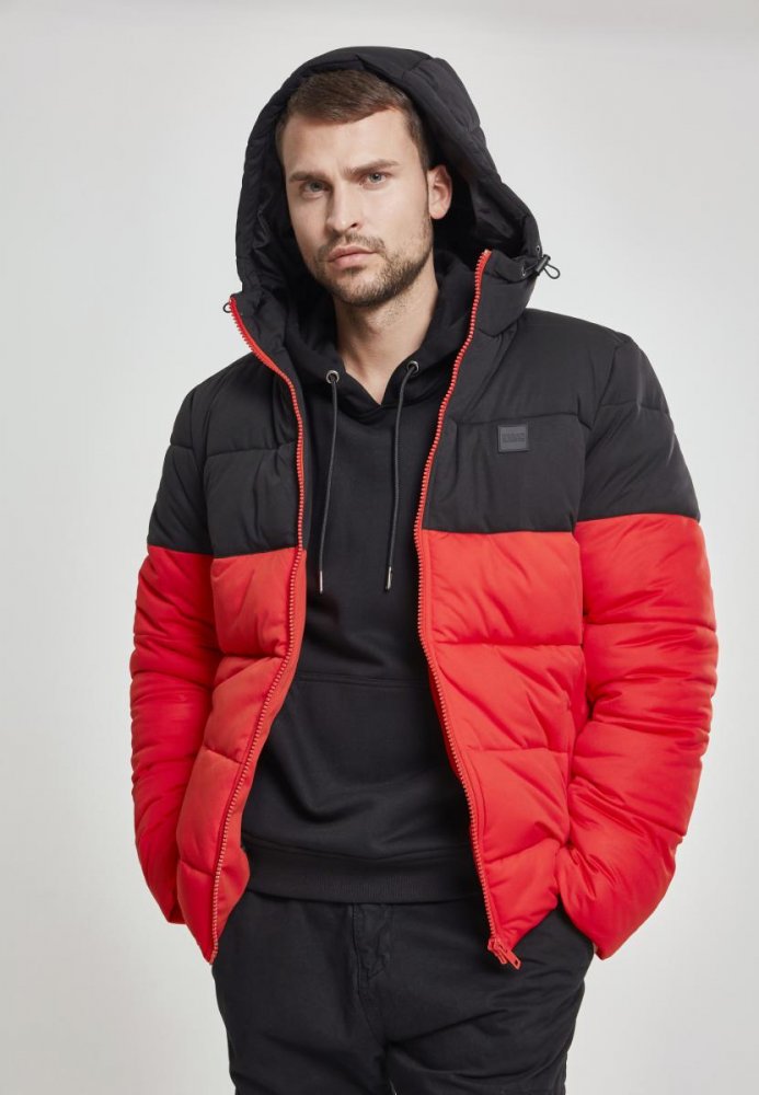 Hooded 2-Tone Puffer Jacket - firered/blk S