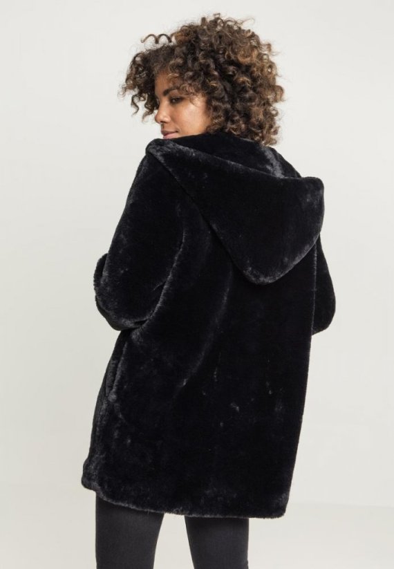 Černý dámský kabát Urban Classics Hooded Teddy Coat