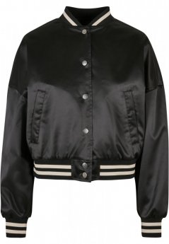 Ladies Short Oversized Satin College Jacket - black