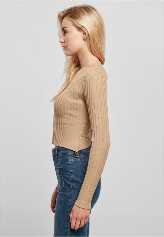 Ladies Cropped Rib Knit Twisted Back Sweater - unionbeige