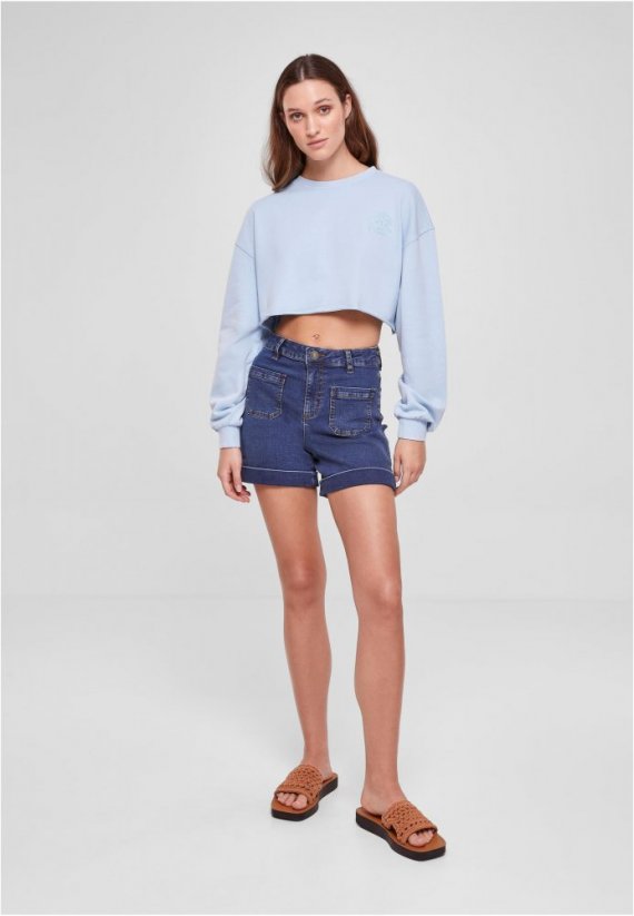 Ladies Cropped Flower Embroidery Terry Crewneck - balticblue