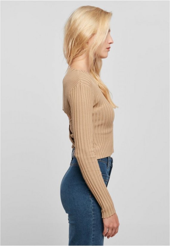 Ladies Cropped Rib Knit Twisted Back Sweater - unionbeige