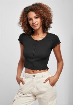 Ladies Cropped Button Up Rib Tee - black