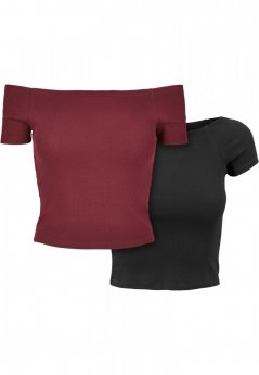 Ladies Off Shoulder Rib Tee 2-Pack - redwine+black