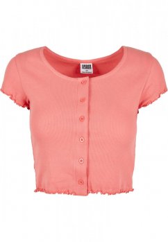 Ladies Cropped Button Up Rib Tee - palepink