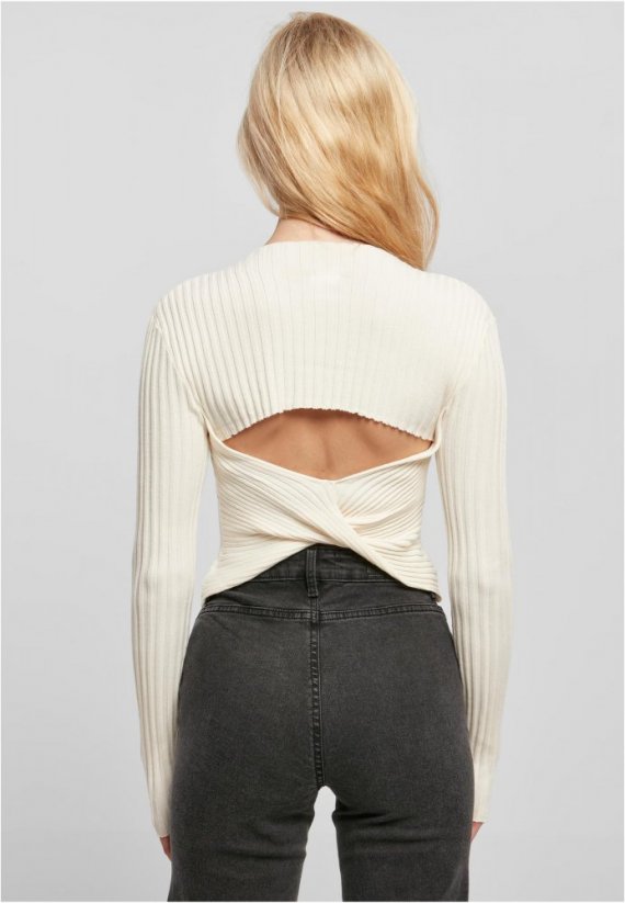 Ladies Cropped Rib Knit Twisted Back Sweater - whitesand