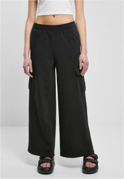 Ladies Highwaist Wide Leg Cargo Terry Pants - black