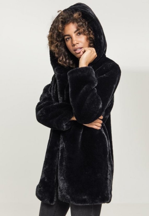 Čierny dámsky kabát Urban Classics Hooded Teddy Coat