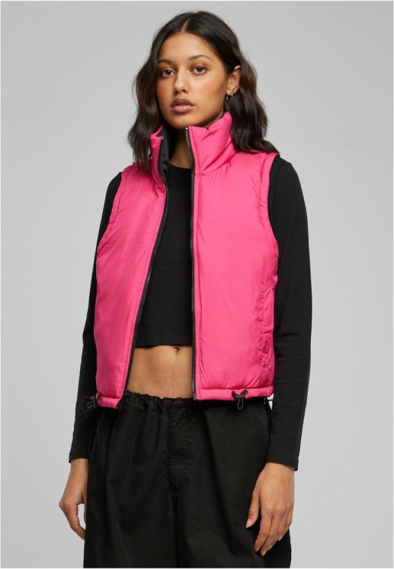 Ladies Reversible Cropped Puffer Vest - black/fuchsia