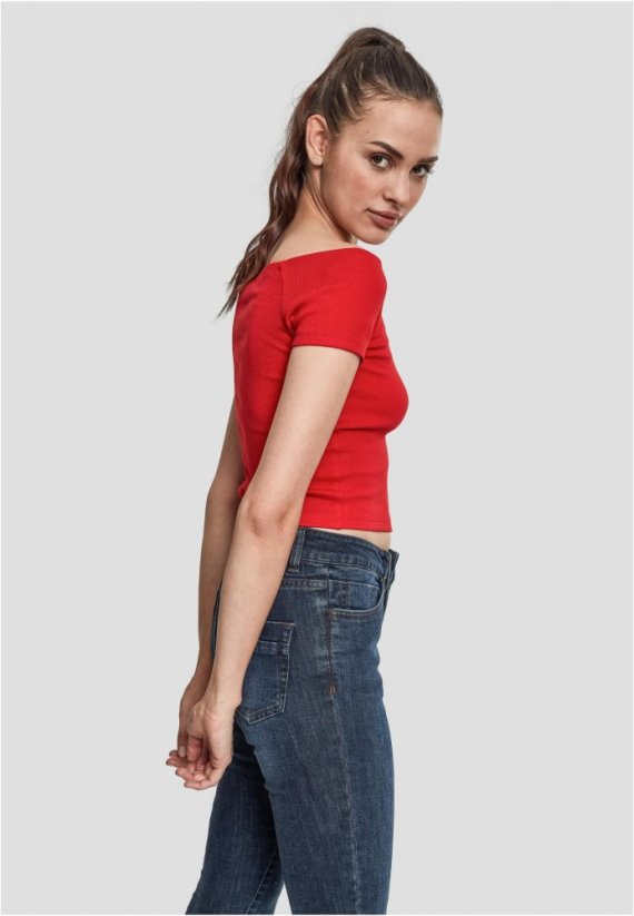 Ladies Off Shoulder Rib Tee - fire red