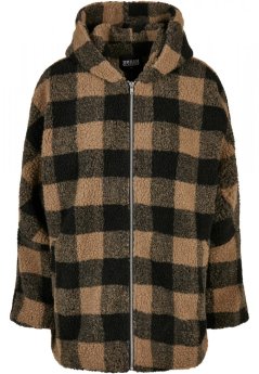 Ladies Hooded Oversized Check Sherpa Jacket - softtaupe/black