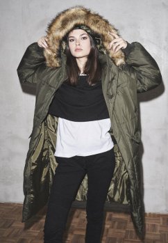Ladies Oversize Faux Fur Puffer Coat - darkolive/beige