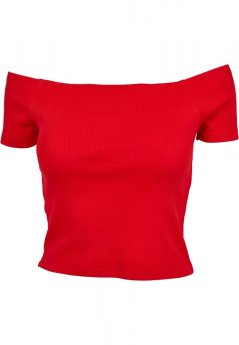 Ladies Off Shoulder Rib Tee - fire red