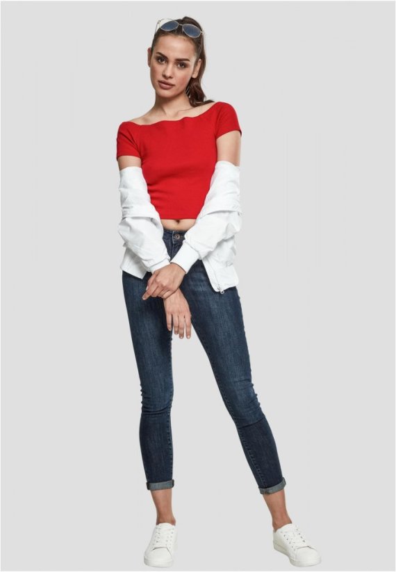 Ladies Off Shoulder Rib Tee - fire red