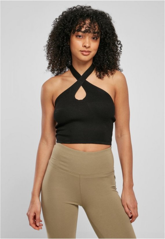 Ladies Rib Knit Crossed Neckholder Top - black
