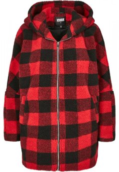 Ladies Hooded Oversized Check Sherpa Jacket - firered/blk