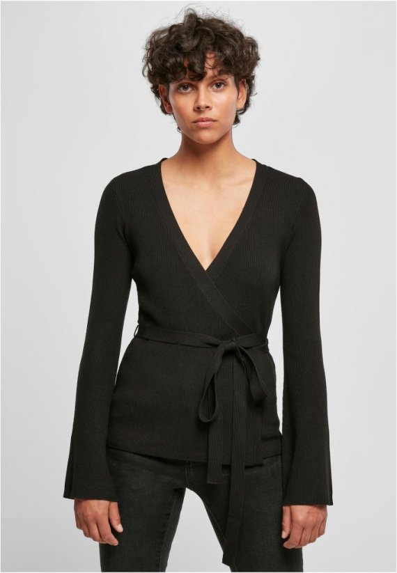 Ladies Rib Knit Wrapped Cardigan - black