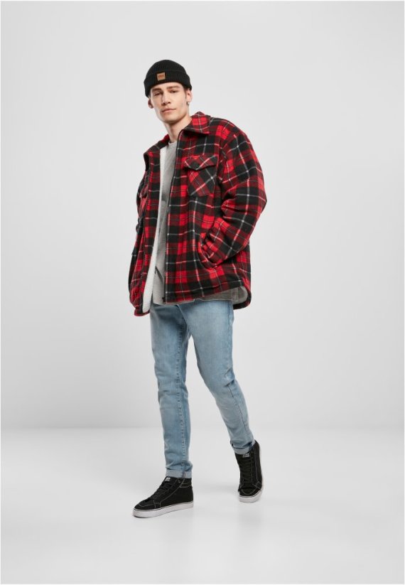 Pánská jarní bunda Urban Classics Plaid Teddy Lined - červená,černá