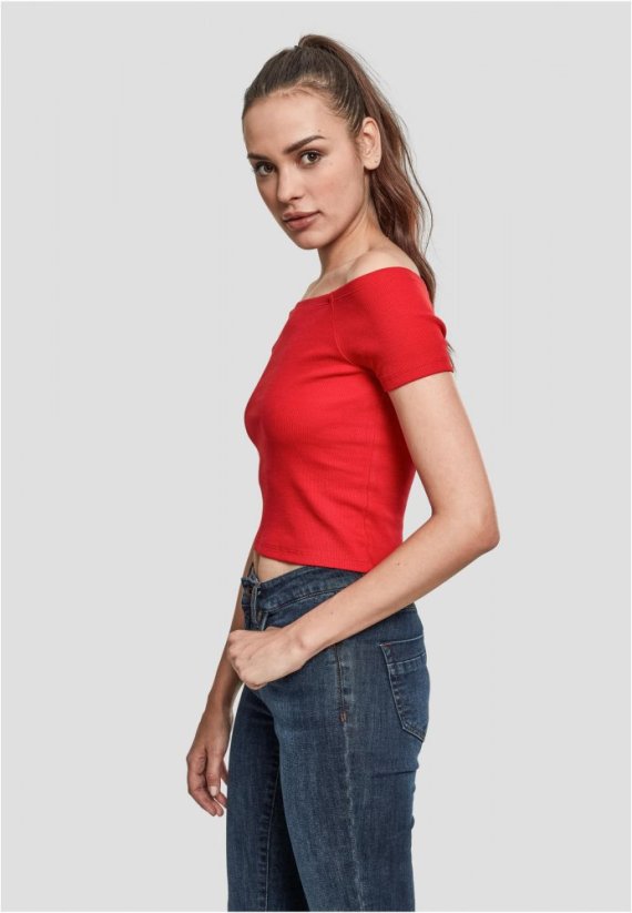 Ladies Off Shoulder Rib Tee - fire red