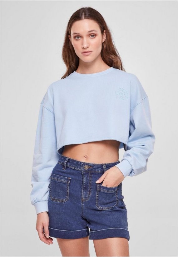 Ladies Cropped Flower Embroidery Terry Crewneck - balticblue