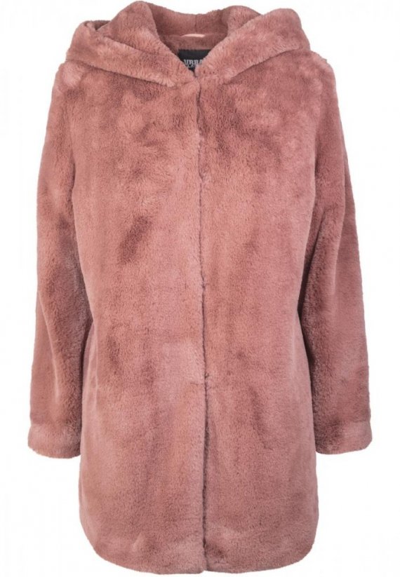Starorůžový dámský kabát Urban Classics Ladies Hooded Teddy Coat