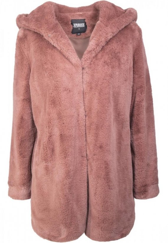 Starorůžový dámský kabát Urban Classics Ladies Hooded Teddy Coat