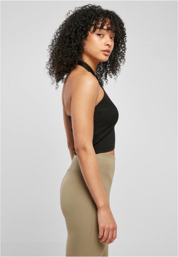 Ladies Rib Knit Crossed Neckholder Top - black