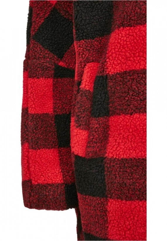 Ladies Hooded Oversized Check Sherpa Jacket - firered/blk