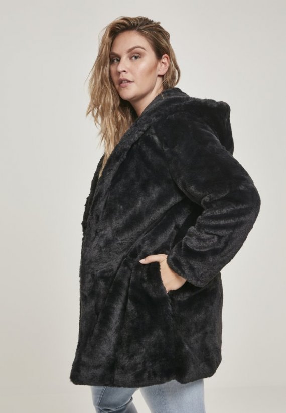 Čierny dámsky kabát Urban Classics Hooded Teddy - Veľkosť: L