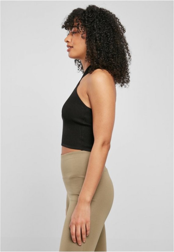 Ladies Rib Knit Crossed Neckholder Top - black