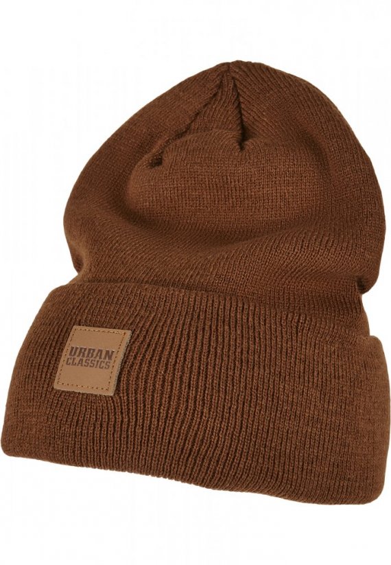 Synthetic Leatherpatch Long Beanie - toffee