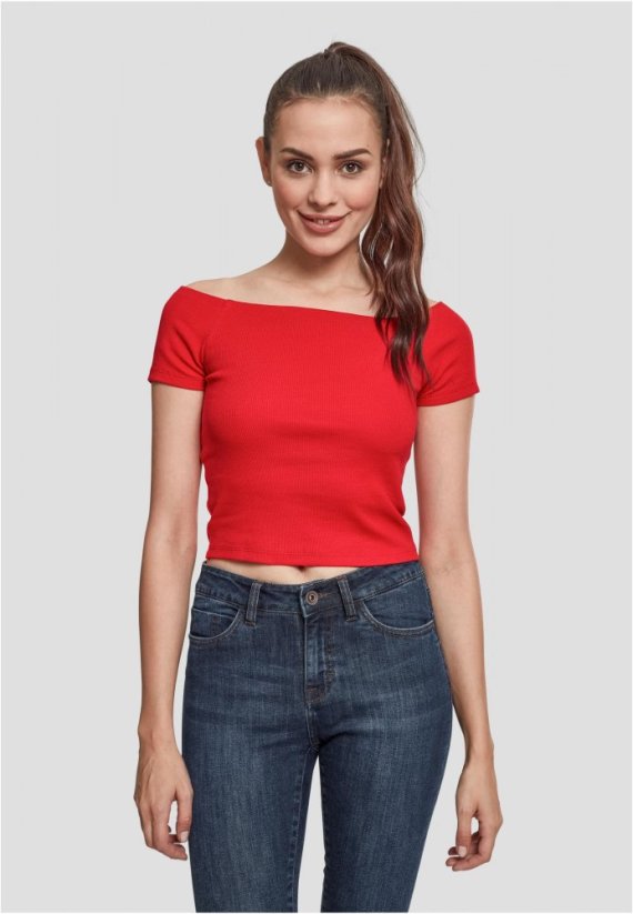 Ladies Off Shoulder Rib Tee - fire red