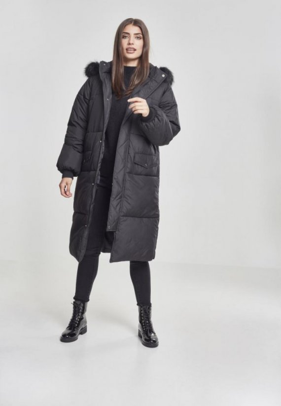Černý dámský zimní kabát Urban Classics Ladies Oversize Faux Fur Puffer Coat
