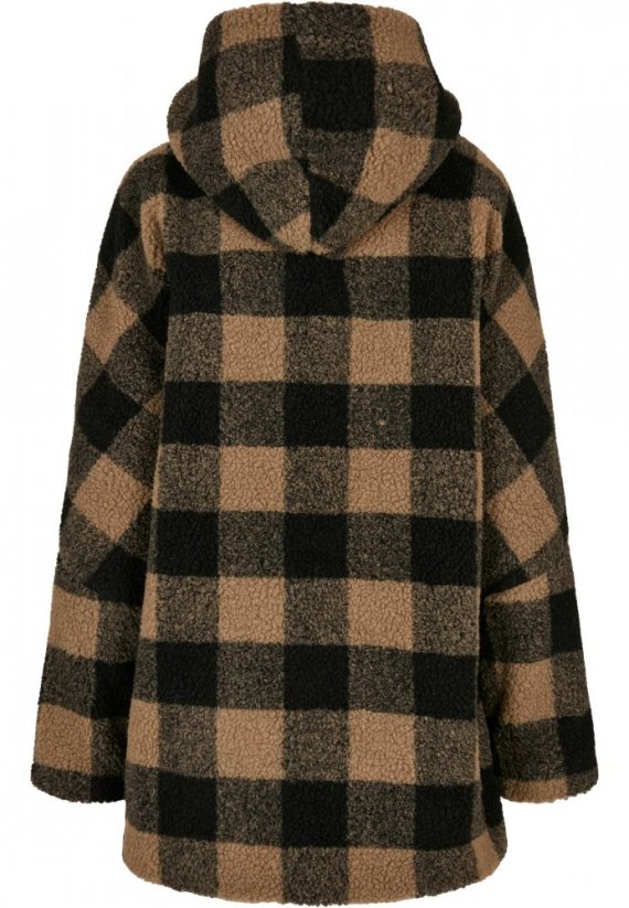 Ladies Hooded Oversized Check Sherpa Jacket - softtaupe/black