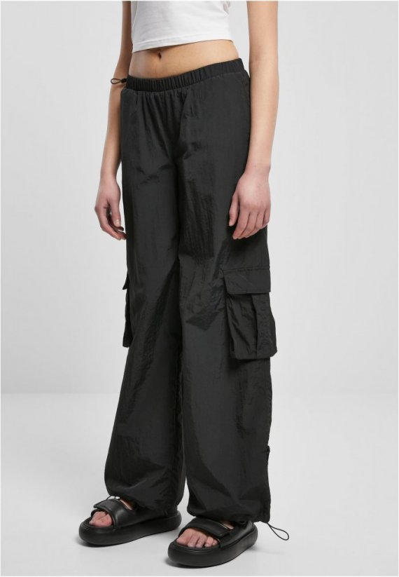 Ladies Wide Crinkle Nylon Cargo Pants - black