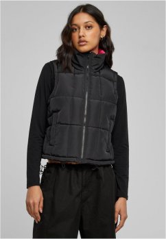 Ladies Reversible Cropped Puffer Vest - black/fuchsia