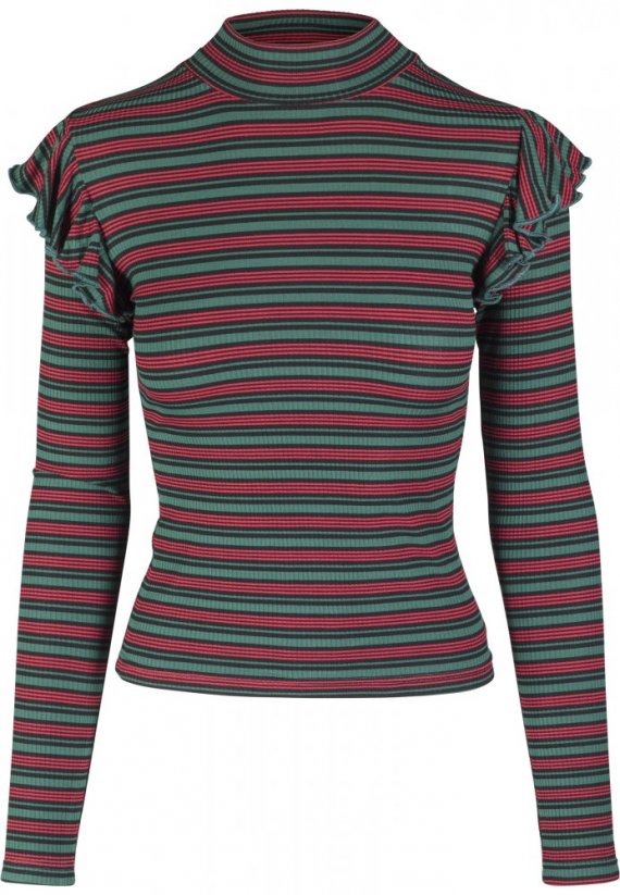 Ladies Rib Striped Volant Turtleneck L/S - green/black/firered