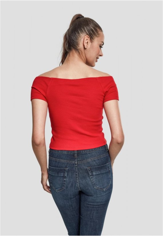 Ladies Off Shoulder Rib Tee - fire red
