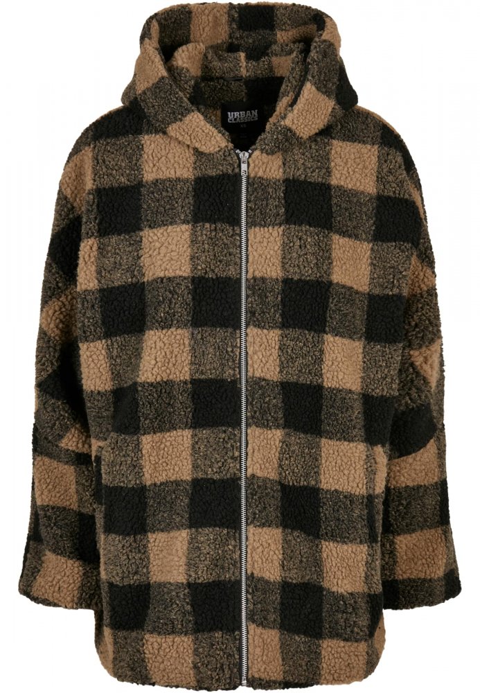 Ladies Hooded Oversized Check Sherpa Jacket - softtaupe/black L