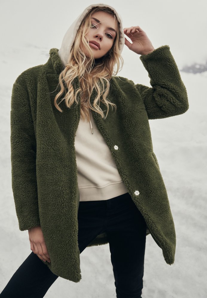 Olivový dámský kabát Urban Classics Ladies Oversized Sherpa Coat S